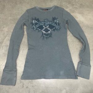 Harley-Davidson Blue Ribbed Long Sleeve Shirt Size Small Y2K